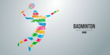 Beyaz arka planda bir badminton oyuncusunun soyut silueti. Badminton oyuncusu kadın, servis horozuna vuruyor. Vektör illüstrasyonu