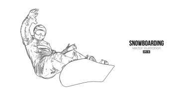 Beyaz arka planda soyut bir snowboard silueti. Snowboardcu bir numara yapıyor. Oyma. Vektör