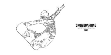 Beyaz arka planda soyut bir snowboard silueti. Snowboardcu bir numara yapıyor. Oyma. Vektör