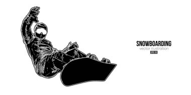 Beyaz arka planda soyut bir snowboard silueti. Snowboardcu bir numara yapıyor. Oyma. Vektör