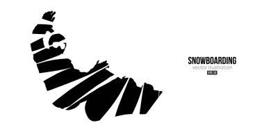 Beyaz arka planda soyut bir snowboard silueti. Snowboardcu bir numara yapıyor. Oyma. Vektör