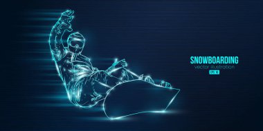 Mavi arka planda soyut bir snowboard silueti. Snowboardcu bir numara yapıyor. Oyma. Vektör