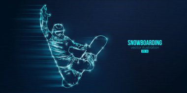 Mavi arka planda soyut bir snowboard silueti. Snowboardcu bir numara yapıyor. Oyma. Vektör