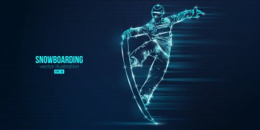 Mavi arka planda soyut bir snowboard silueti. Snowboardcu bir numara yapıyor. Oyma. Vektör