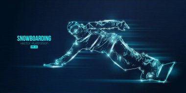 Mavi arka planda soyut bir snowboard silueti. Snowboardcu bir numara yapıyor. Oyma. Vektör