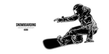 Beyaz arka planda soyut bir snowboard silueti. Snowboardcu bir numara yapıyor. Oyma. Vektör