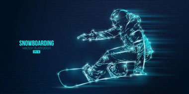 Mavi arka planda soyut bir snowboard silueti. Snowboardcu bir numara yapıyor. Oyma. Vektör