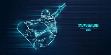 Mavi arka planda soyut bir snowboard silueti. Snowboardcu bir numara yapıyor. Oyma. Vektör