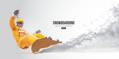 Beyaz arka planda bir snowboard 'un gerçekçi silüeti. Snowboardcu bir numara yapıyor. Oyma. Vektör