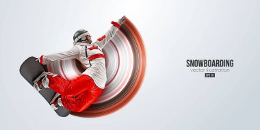 Beyaz arka planda bir snowboard 'un gerçekçi silüeti. Snowboardcu bir numara yapıyor. Oyma. Vektör
