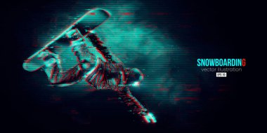 Mavi arka planda soyut bir snowboard silueti. Snowboardcu bir numara yapıyor. Oyma. Vektör