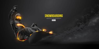 Siyah arka planda soyut bir snowboard silueti. Snowboardcu bir numara yapıyor. Oyma. Vektör
