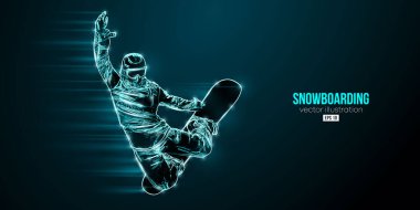 Mavi arka planda soyut bir snowboard silueti. Snowboardcu bir numara yapıyor. Oyma. Vektör