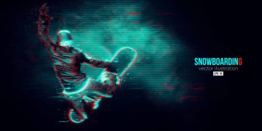 Mavi arka planda soyut bir snowboard silueti. Snowboardcu bir numara yapıyor. Oyma. Vektör