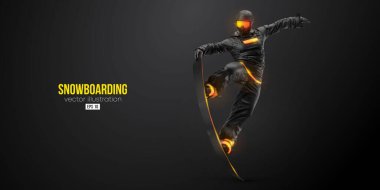 Siyah arka planda soyut bir snowboard silueti. Snowboardcu bir numara yapıyor. Oyma. Vektör