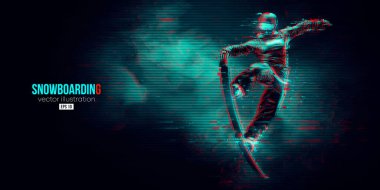 Mavi arka planda soyut bir snowboard silueti. Snowboardcu bir numara yapıyor. Oyma. Vektör