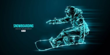 Mavi arka planda soyut bir snowboard silueti. Snowboardcu bir numara yapıyor. Oyma. Vektör