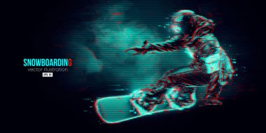 Mavi arka planda soyut bir snowboard silueti. Snowboardcu bir numara yapıyor. Oyma. Vektör