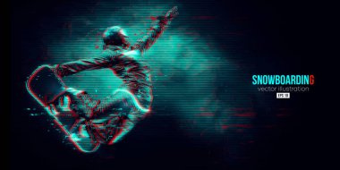 Mavi arka planda soyut bir snowboard silueti. Snowboardcu bir numara yapıyor. Oyma. Vektör