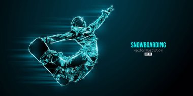 Mavi arka planda soyut bir snowboard silueti. Snowboardcu bir numara yapıyor. Oyma. Vektör