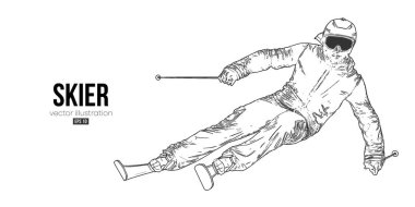 Beyaz arkaplanda kayağın soyut silueti. Kayakçı bir numara yapıyor. Oyma Vektörü illüstrasyonu