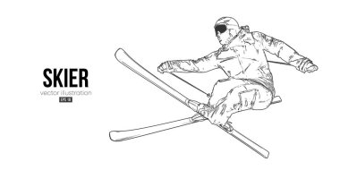 Beyaz arkaplanda kayağın soyut silueti. Kayakçı bir numara yapıyor. Oyma Vektörü illüstrasyonu