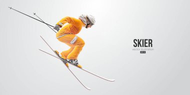 Realistic silhouette of a skiing on white background. The skier man doing a trick. Carving Vector illustration clipart