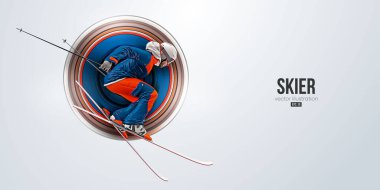 Beyaz arka planda kayak yapmanın gerçekçi bir silüeti. Kayakçı bir numara yapıyor. Oyma Vektörü illüstrasyonu