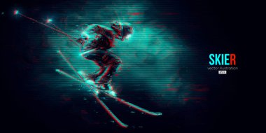 Siyah arkaplanda kayak yapmanın soyut silüeti. Kayakçı bir numara yapıyor. Oyma Vektörü illüstrasyonu