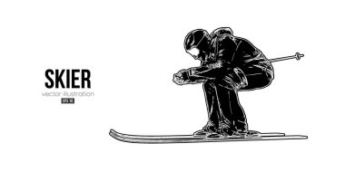 Beyaz arkaplanda kayağın soyut silueti. Kayakçı bir numara yapıyor. Oyma Vektörü illüstrasyonu