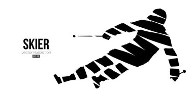 Beyaz arkaplanda kayağın soyut silueti. Kayakçı bir numara yapıyor. Oyma Vektörü illüstrasyonu