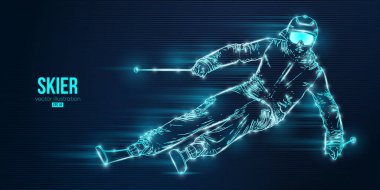 Mavi arkaplanda soyut bir kayak silueti. Kayakçı bir numara yapıyor. Oyma Vektörü illüstrasyonu