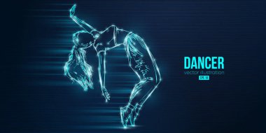 Genç bir hip-hop dansçısının soyut silueti mavi arka planda izole edilmiş breake dansı yapan kadın. Vektör illüstrasyonu