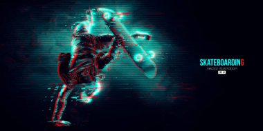 Siyah arka planda bir kaykaycının silüeti. Kaykaycı adam bir numara yapıyor. Sokak kaykayı. Vektör illüstrasyonu