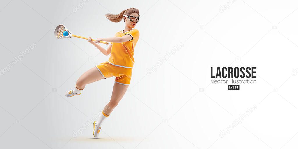 Realistic silhouette of a lacrosse player on white background. Lacrosse player woman are throws the ball. Vector illustration