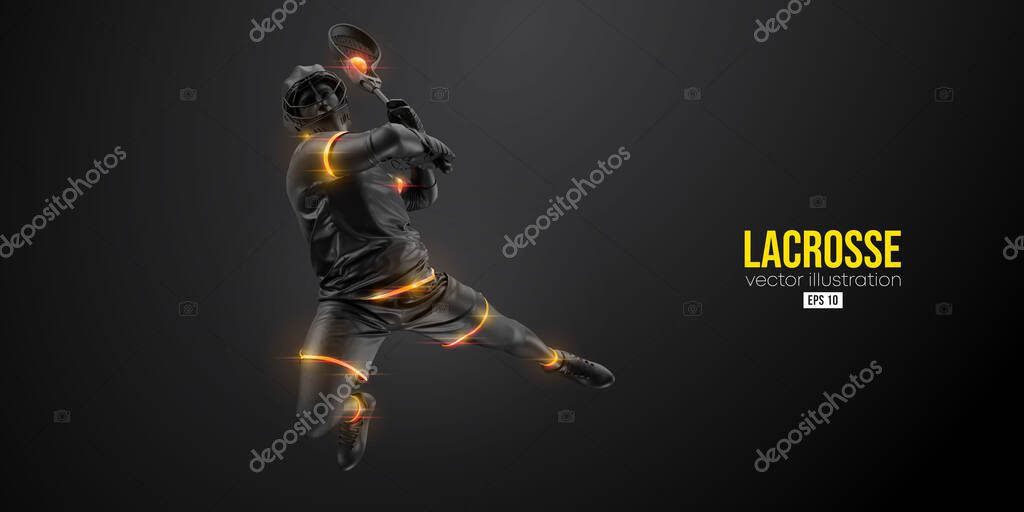 Abstract silhouette of a lacrosse player on black background. Lacrosse player man are throws the ball. Vector illustration