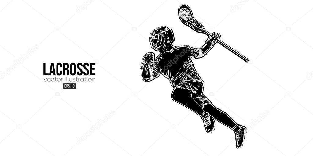 Abstract silhouette of a lacrosse player on white background. Lacrosse player man are throws the ball. Vector illustration