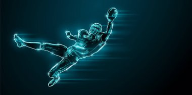 Abstract silhouette of a NFL american football player man in action isolated black background.