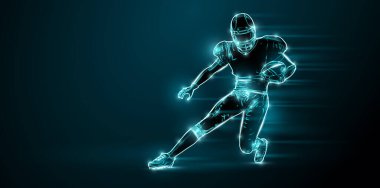 Abstract silhouette of a NFL american football player man in action isolated black background.