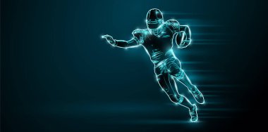 Abstract silhouette of a NFL american football player man in action isolated black background.
