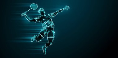 Abstract silhouette of a badminton player on black background. The badminton player man hits the shuttlecock.