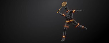 Abstract silhouette of a badminton player on black background. The badminton player man hits the shuttlecock.