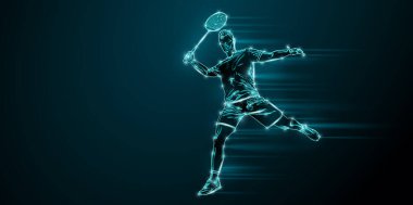 Abstract silhouette of a badminton player on black background. The badminton player man hits the shuttlecock.