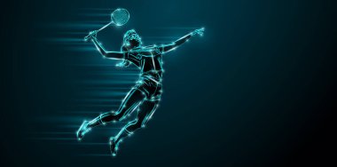 Abstract silhouette of a badminton player on black background. The badminton player woman hits the shuttlecock.