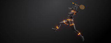 Abstract silhouette of a badminton player on black background. The badminton player woman hits the shuttlecock.
