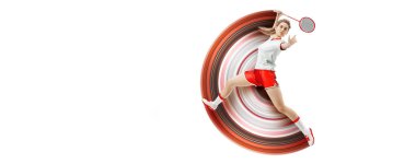 Realistic silhouette of a badminton player on white background. The badminton player woman hits the shuttlecock.