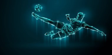Abstract silhouette of football soccer player man in action isolated black background.