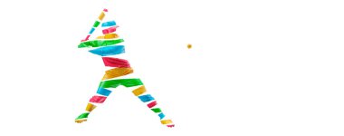 Beyaz arka planda bir beyzbol oyuncusunun soyut silüeti. Beyzbol oyuncusu topa vuruyor..