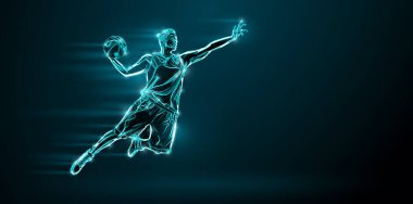 Eylemdeki bir basketbolcunun soyut silüeti siyah arka planda izole edilmiş..