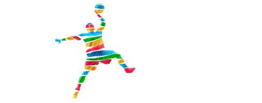 Aksiyon halindeki bir basketbolcunun soyut silüeti izole edilmiş beyaz arka plan.